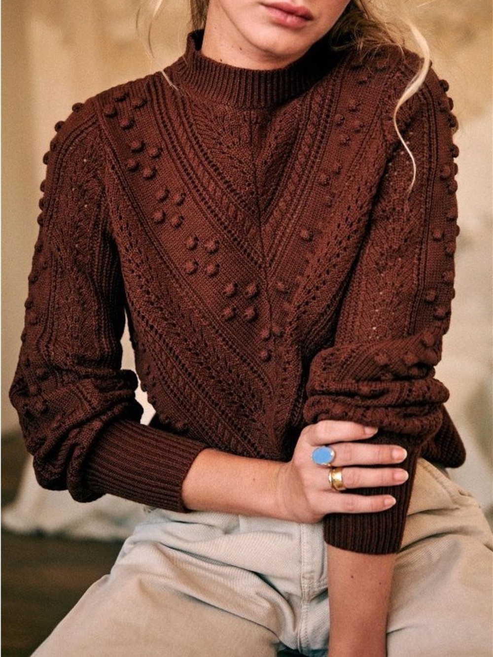 Sezane Chocolate Brown Bobble Cable Knit Turtleneck Sweater